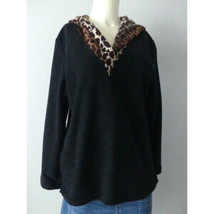 Vtg Tickets Leopard Hoodie Women's MEDIUM Fleece Lined Pullover Lagenlook